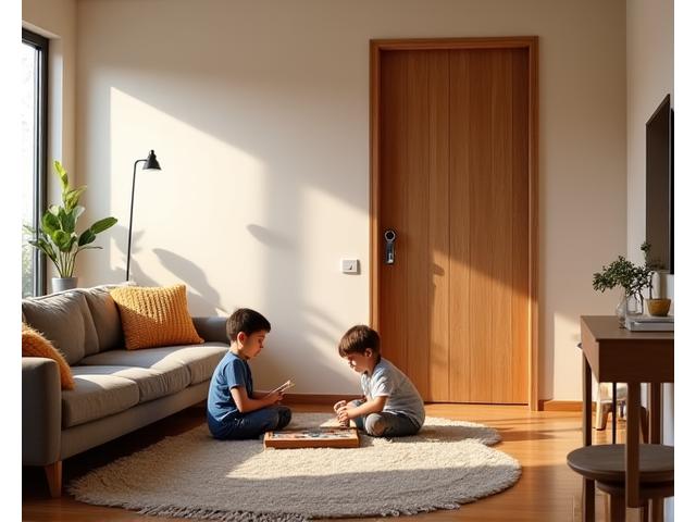 A family enjoying quiet time in an apartment living room, with a glimpse of an acoustic door in the background.